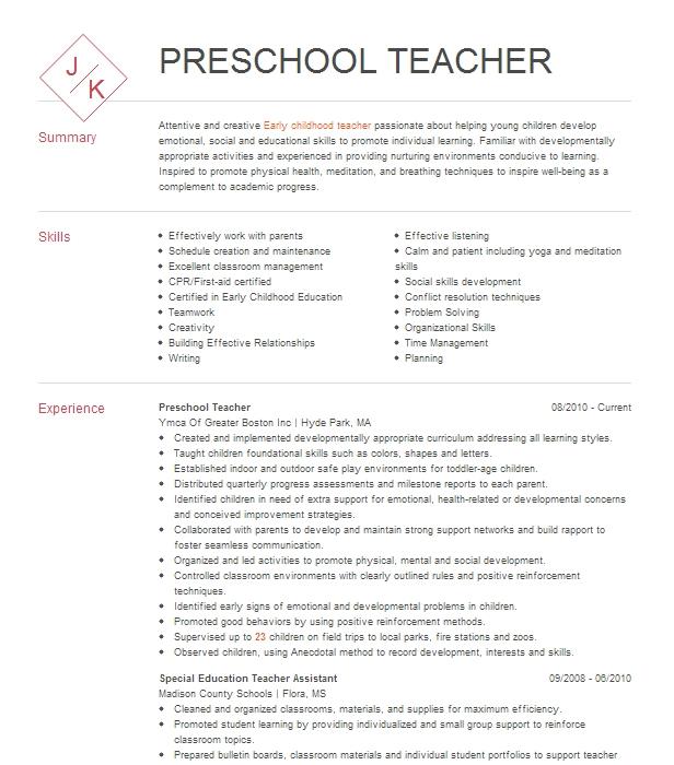 Preschool Teacher Resume Example