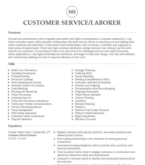 General Laborer Customer Service Associate Resume Example