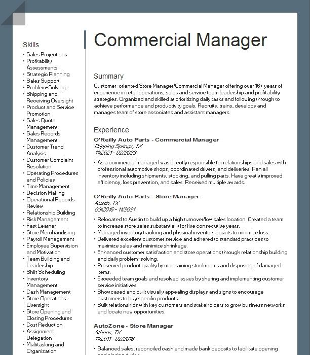 Commercial Manager Resume Example