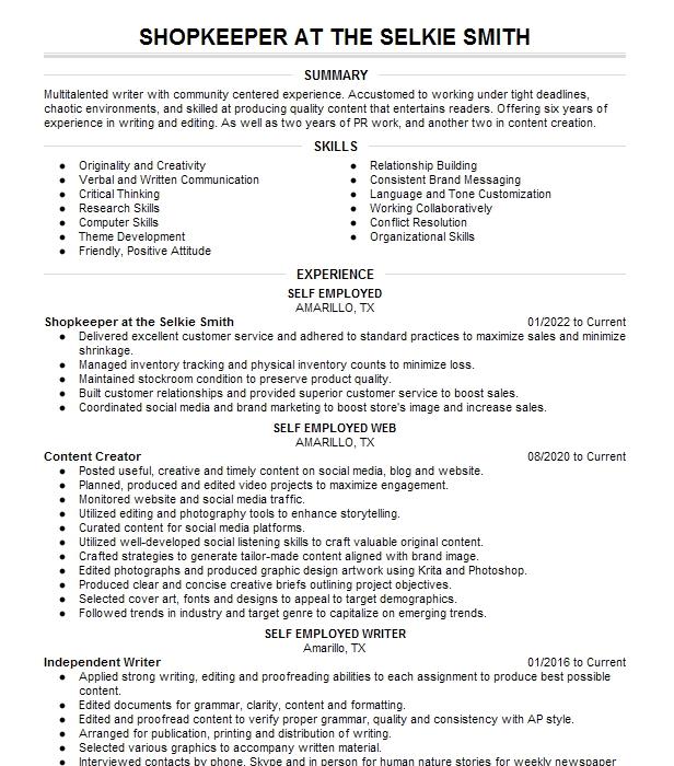 Shopkeeper Resume Example