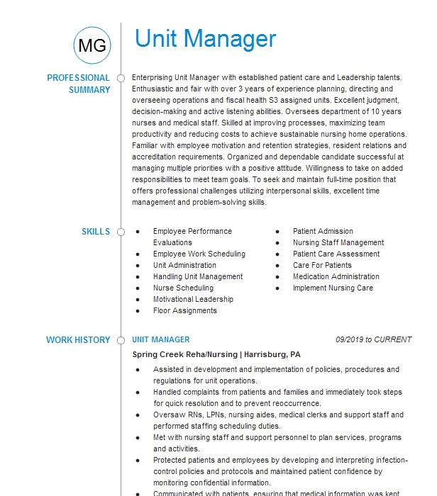 Unit Manager Resume Example