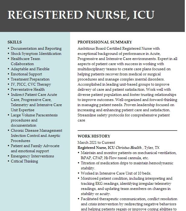 Registered Nurse, Icu Resume Example