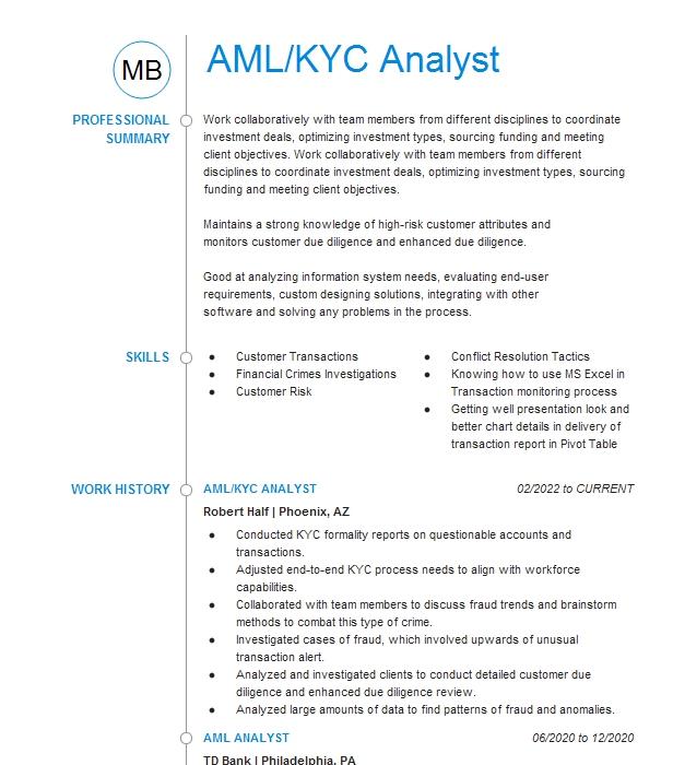 resume format for kyc analyst