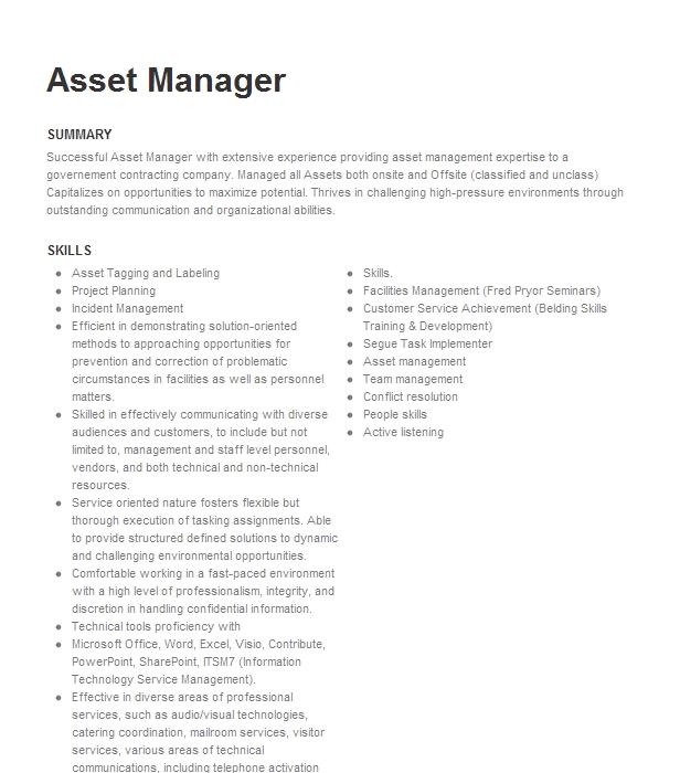 Asset Manager Resume Example