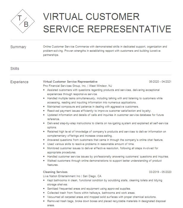 virtual customer service resume example