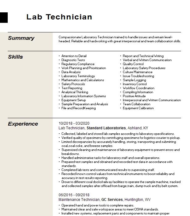 Chemistry Lab Technician Resume Objective Example