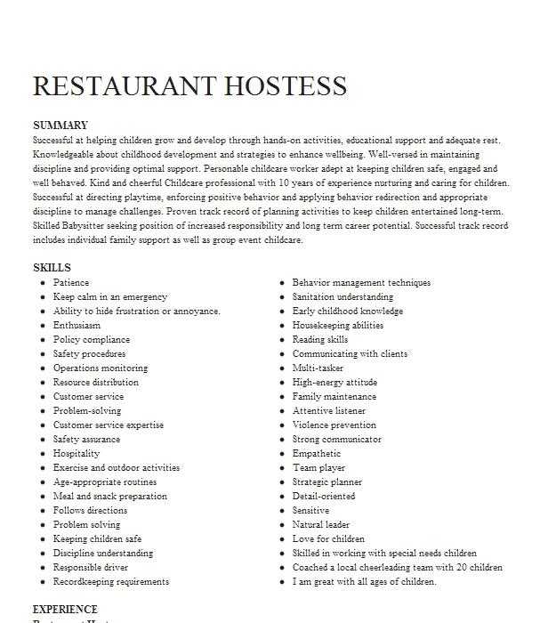 Restaurant Hostess Resume Example