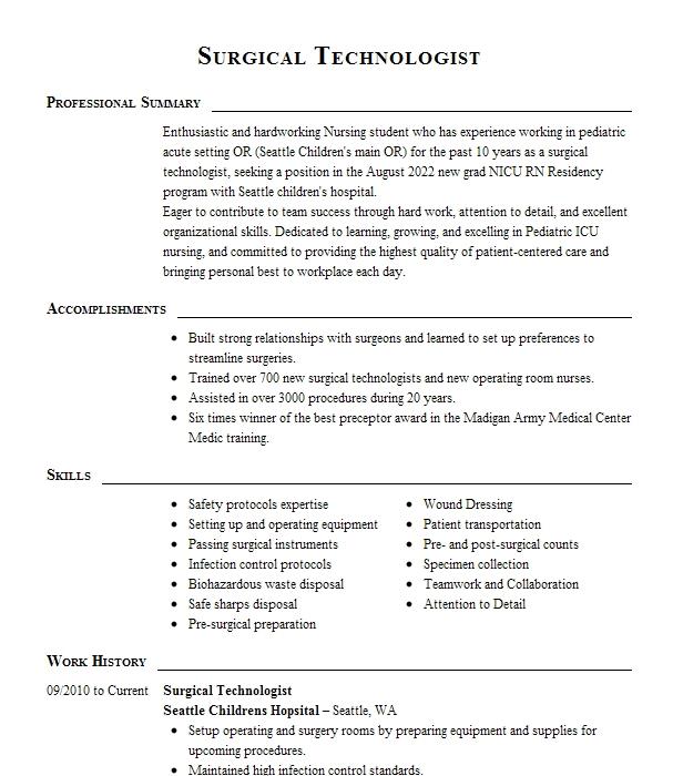 Surgical Technologist Resume Example