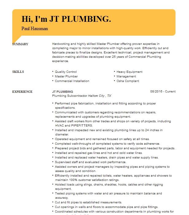 Plumbing Resume Example