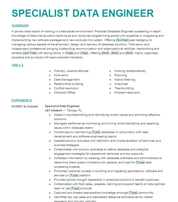 Data Engineer Specialist Resume Example