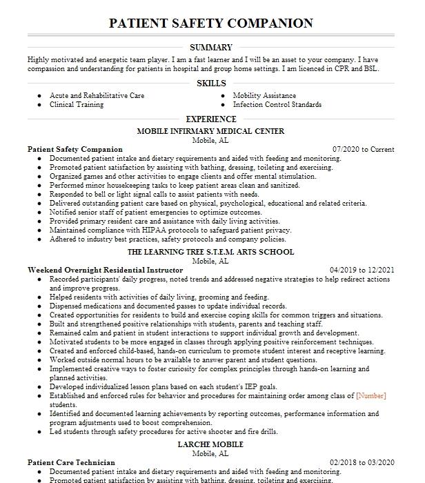 Patient Safety Companion Resume Example