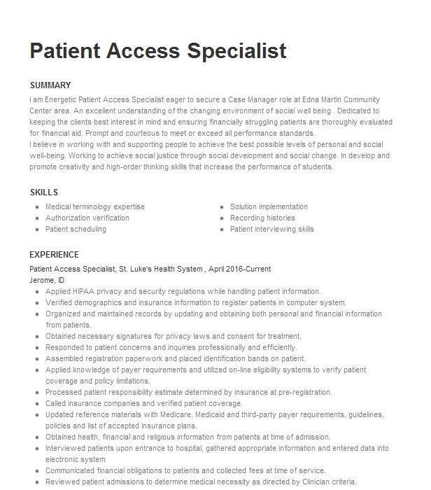 Patient Access Specialist Resume Example