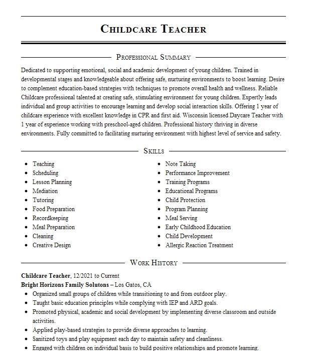 Childcare Teacher Resume Example