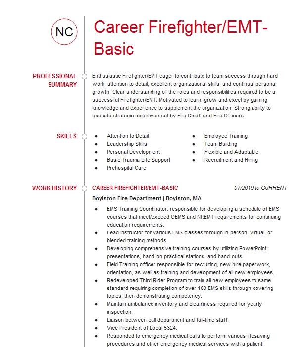 Firefighter Emt Basic Resume Example