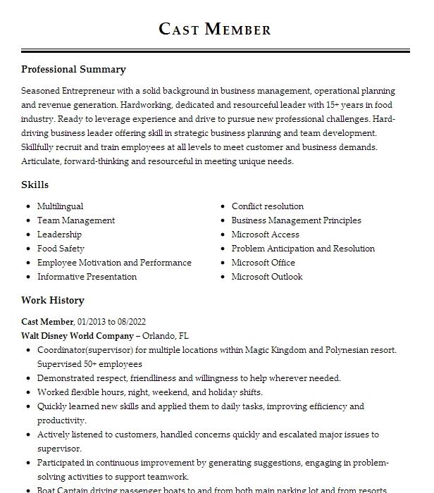 Cast Member Resume Example