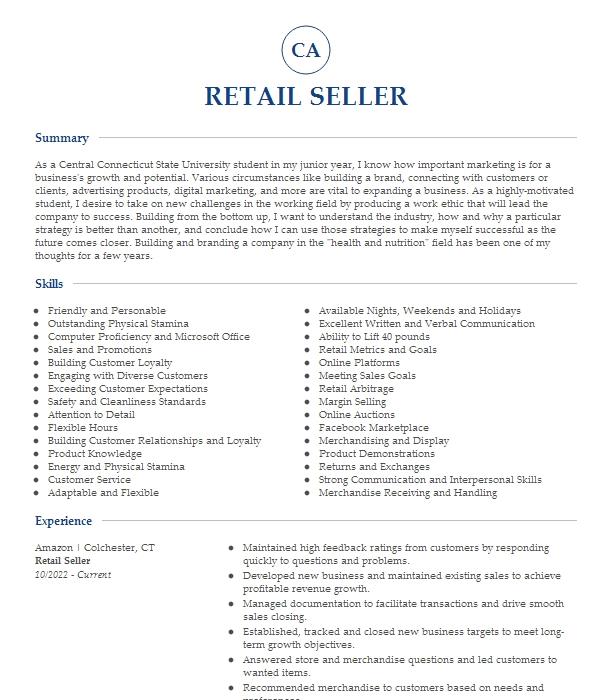 Retail Seller Resume Example