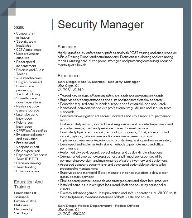 Security Manager Resume Example