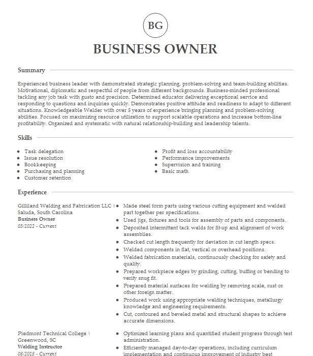 Business Owner Resume Example