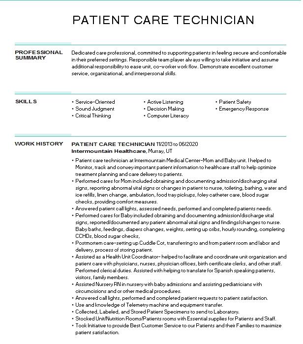 Patient Care Technician Resume Example