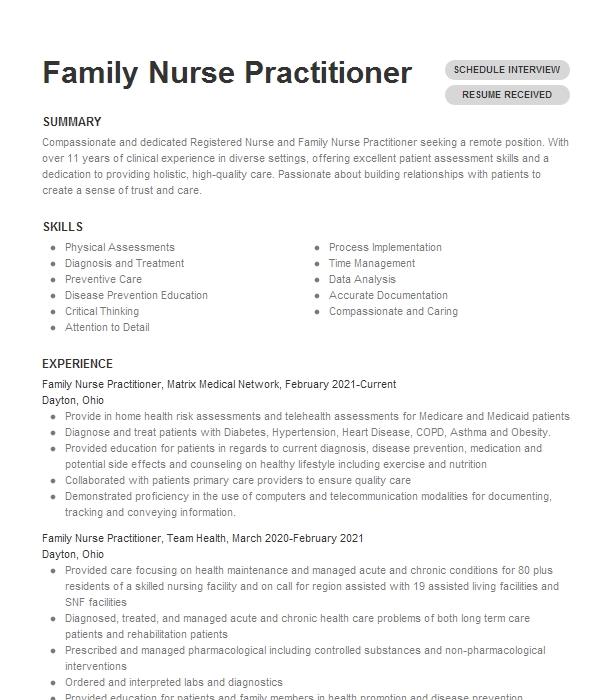 Family Nurse Practitioner Resume Example