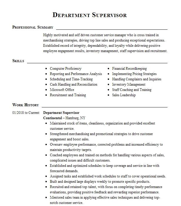 Department Supervisor Resume Example