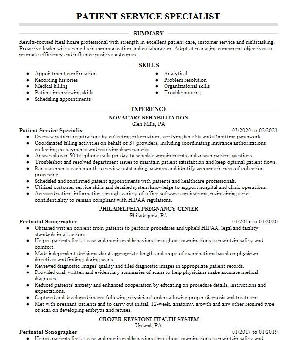 Patient Service Specialist Resume Example