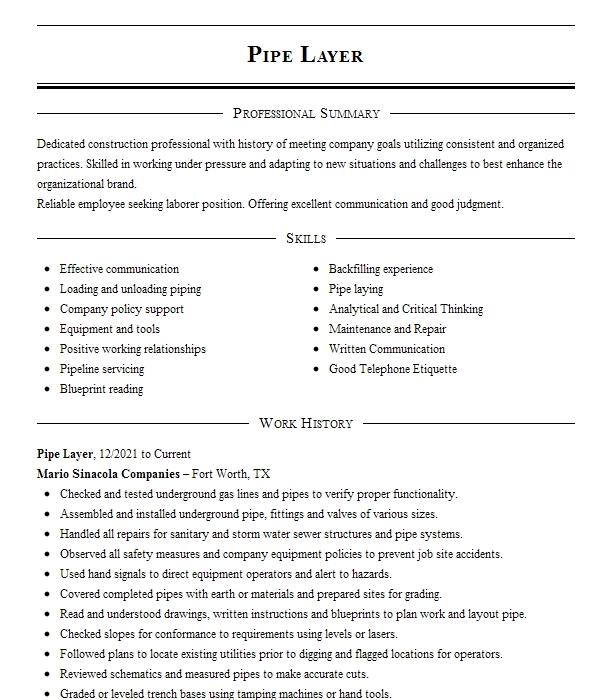 Pipe Layer Resume Example Kickresume - vrogue.co