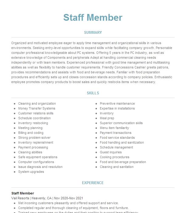 Staff Member Resume Example