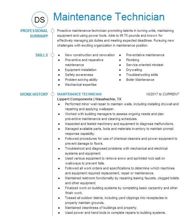 Maintenance Technician Resume Example