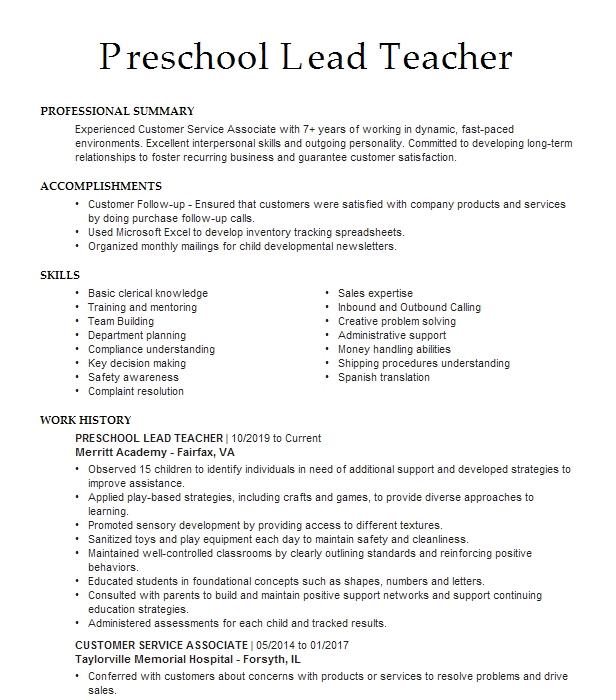 Preschool Lead Teacher Resume Example