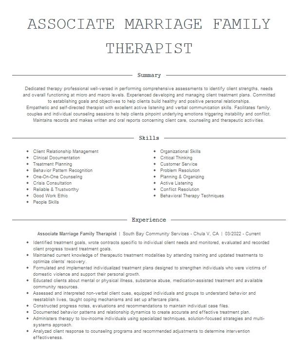 Licencensed Marriage And Family Therapist Resume Example