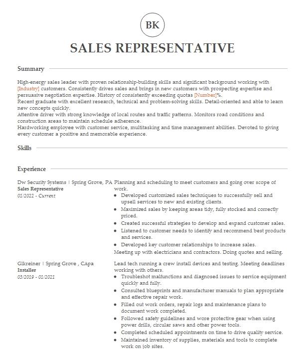 Sales Representative Resume Example