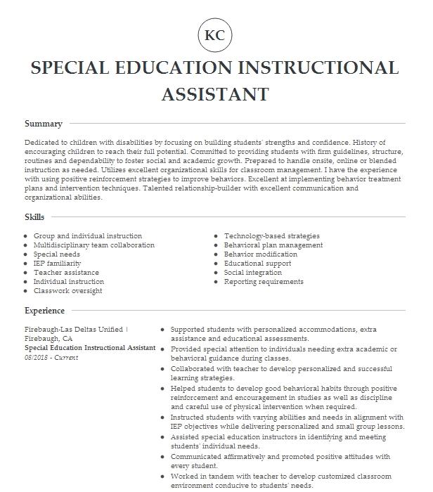 Special Ed Instructional Assistant Resume Objective