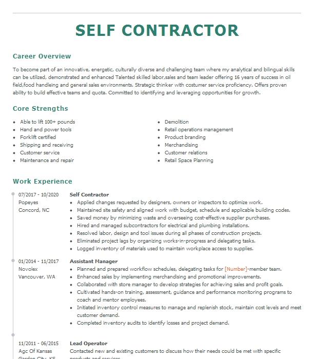 Self Contractor Resume Example