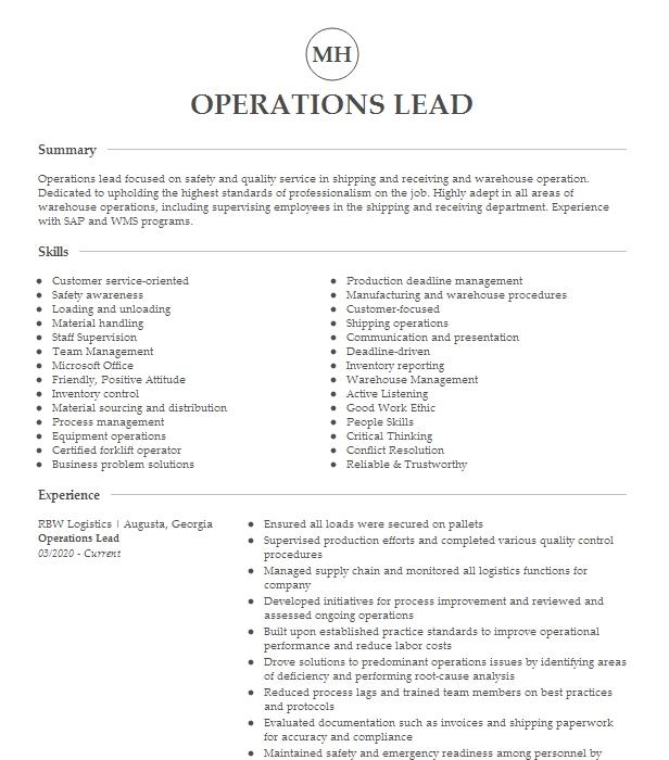 Operations Lead Resume Example