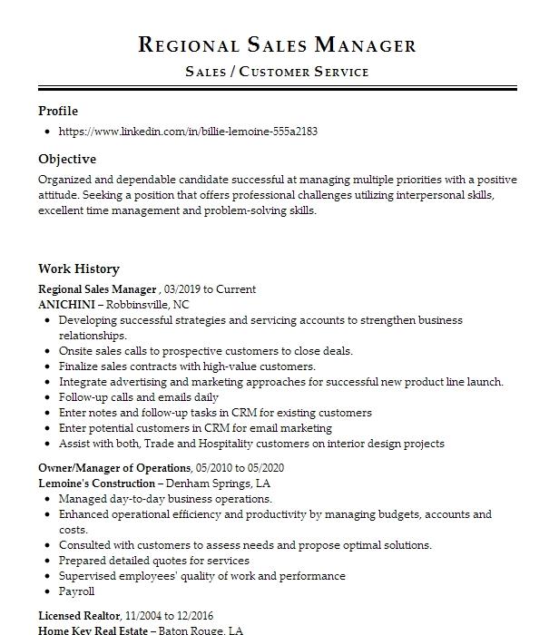 Regional Sales Manager Resume Example