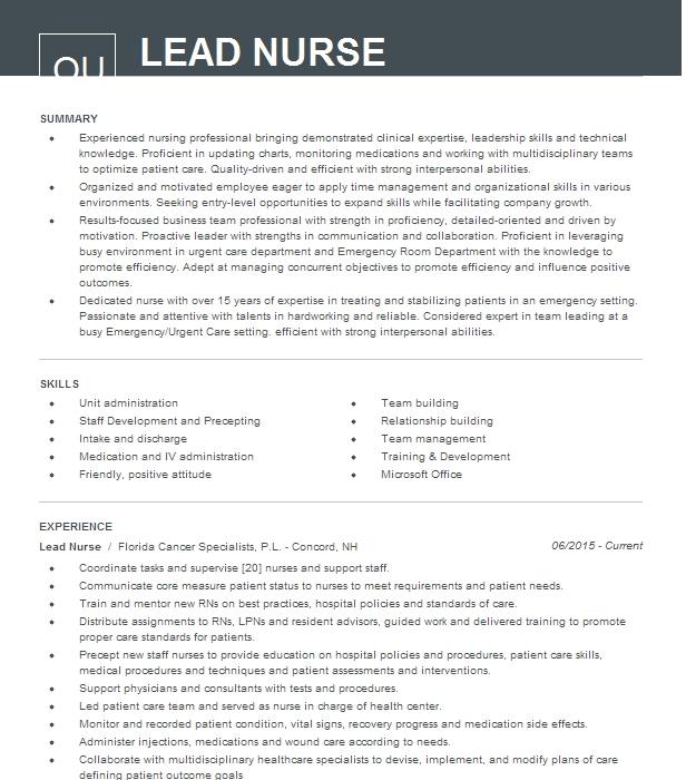 Lead Nurse Resume Example