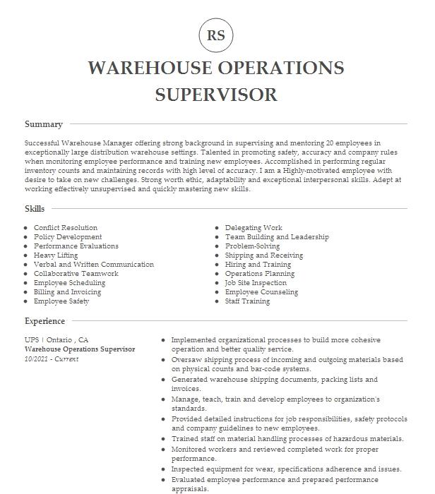 Warehouse Operations Supervisor Resume Example