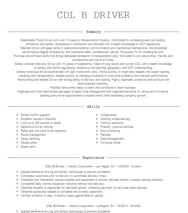 Cdl B Driver Resume Example