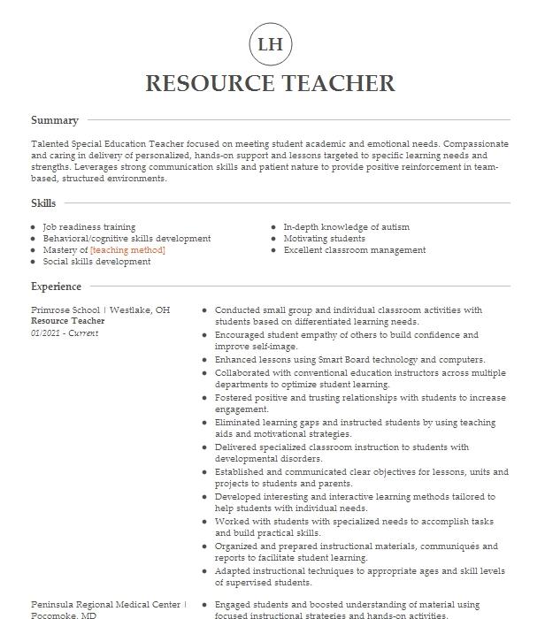 Resource Teacher Resume Example