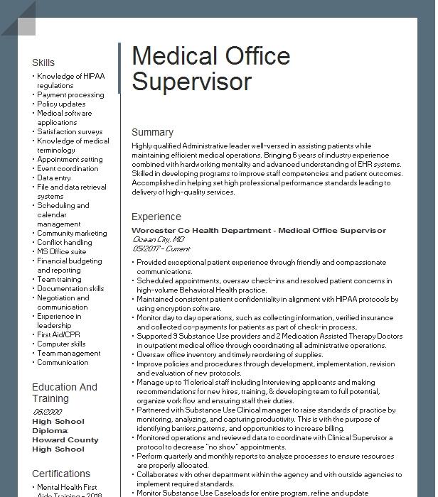 Medical Office Supervisor Resume Example