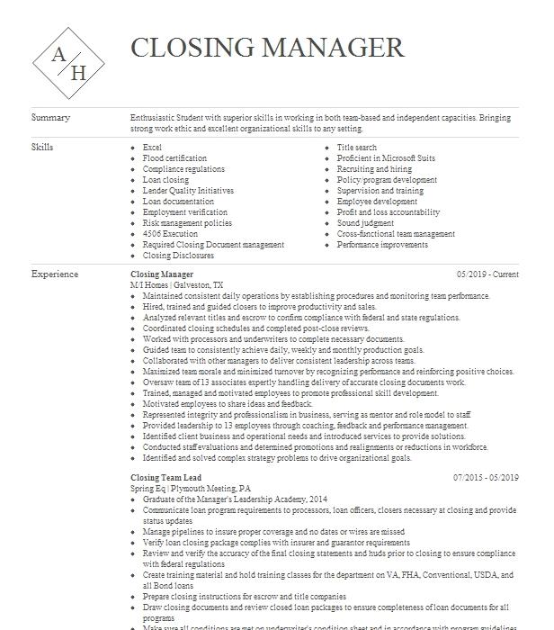 Closing Manager Resume Example