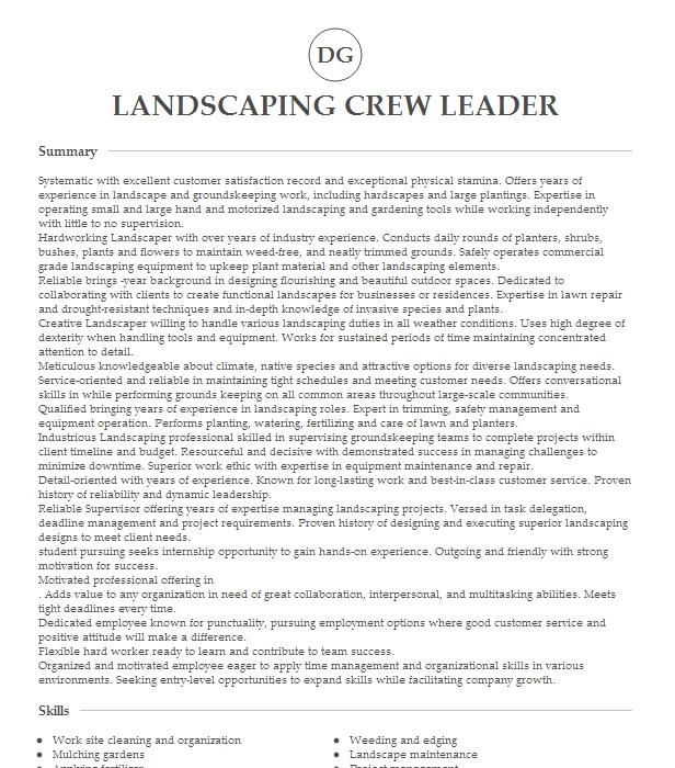 Landscaping Crew Leader Resume Example