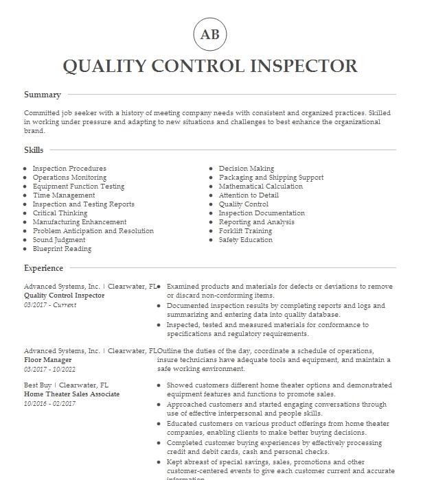 Quality Control Inspector Resume Example