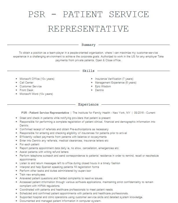 Psr Patient Service Representative Resume Example