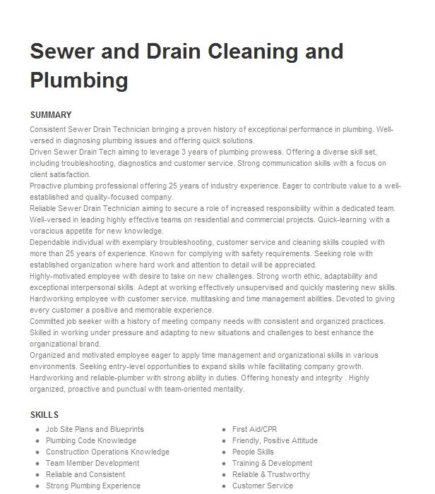 Sewer Drain Technician, Apprentice Plumber Resume Example