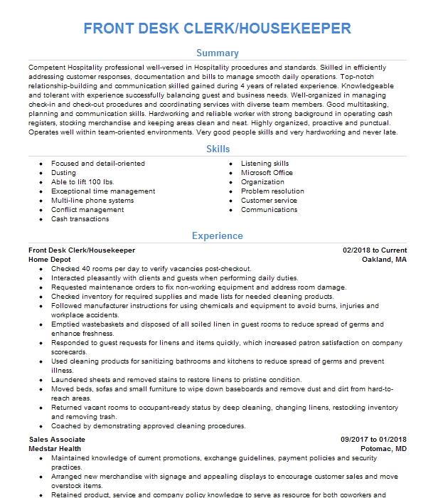 Housekeeper Front Desk Resume Example