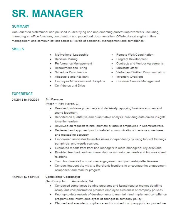 Sr. Manager Resume Example