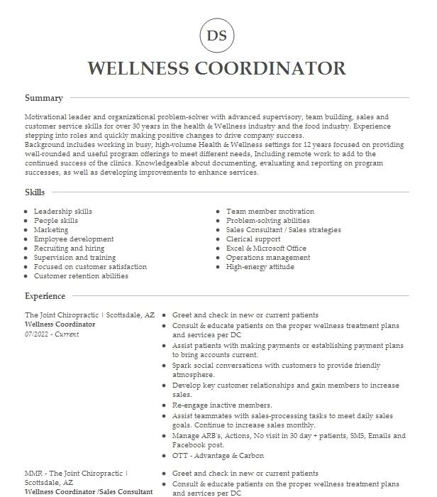 Wellness Coordinator Resume Example