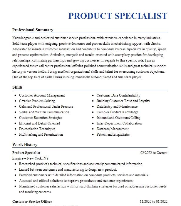 Product Specialist Resume Example